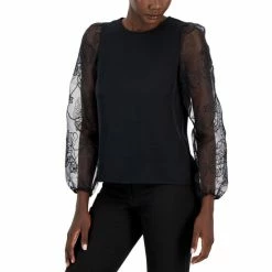 Deals 😉 Anne Klein 👩 Women's Crewneck Sheer-Puff-Sleeve Top Anne Black 🌟