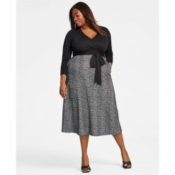 Hot Sale 😍 Anne Klein Plus Size Serenity Combo Tie-Waist Midi 👗 Dress Anne Black/anne White 🔔
