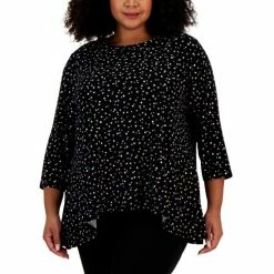 Top 10 👏 Anne Klein Plus Size Printed Ity Handkerchief-Hem Top Anne Black 🔥