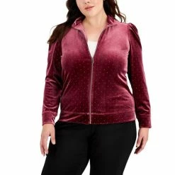 Best Sale 🌟 Anne Klein Plus Size Dew Drop Velour Puff Sleeve Zip Up Anne Black/ Gold 😍