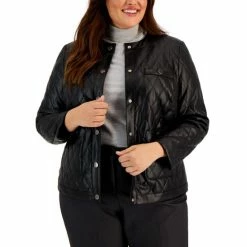 Promo ✔️ Anne Klein Plus Size Faux-Leather Quilted Snap Jacket Anne Black 🛒