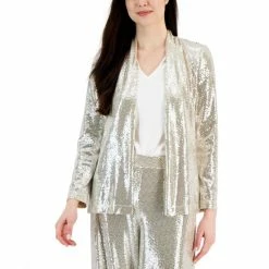 Promo 😉 Anne Klein 👩 Women's Shawl-Collar Open-Front Sequin Blazer Lt Latte/silver 🎉