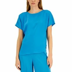 Deals 💯 Anne Klein 👩 Women's Satin Montreal Bateau-Neck Blouse Blue Ocean ❤️