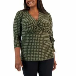 Cheapest 🌟 Anne Klein Plus Size Geo-Print 3/4-Sleeve Wrap Top Kelp/ Anne Black 😉