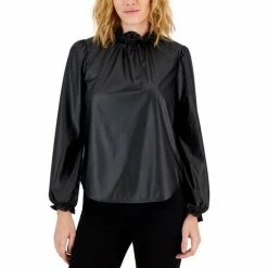 Promo 🥰 Anne Klein 👩 Women's Faux-Leather Ruffled-Neck Blouse Anne Black 😀