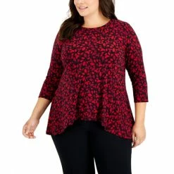 Best Sale 🥰 Anne Klein Plus Size Ivy-Print Sharkbite-Hem Pullover Top Titian Red Multi 😍