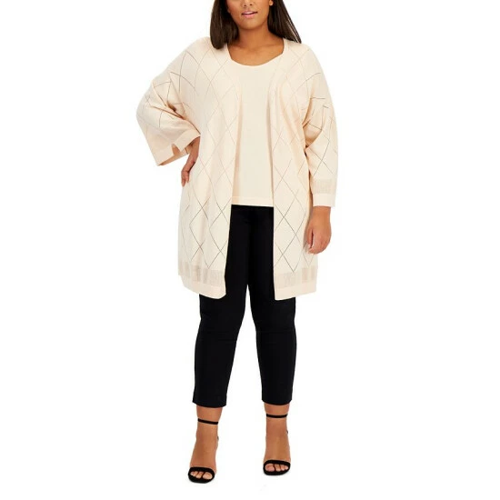 Best reviews of 😀 Anne Klein Plus Size Diamond-Pattern Open-Front Cardigan Bisqueware 🥰