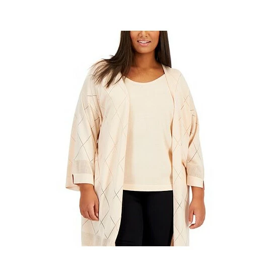 Best reviews of 😀 Anne Klein Plus Size Diamond-Pattern Open-Front Cardigan Bisqueware 🥰 - Image 3